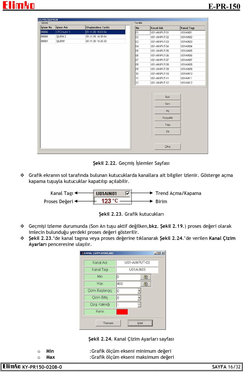 Grafik kutucukları Geçmişi izleme durumunda (Son An tuşu aktif değilken,bkz. Şekil 2.19.) proses değeri olarak imlecin bulunduğu yerdeki proses değeri gösterilir. Şekil 2.23.