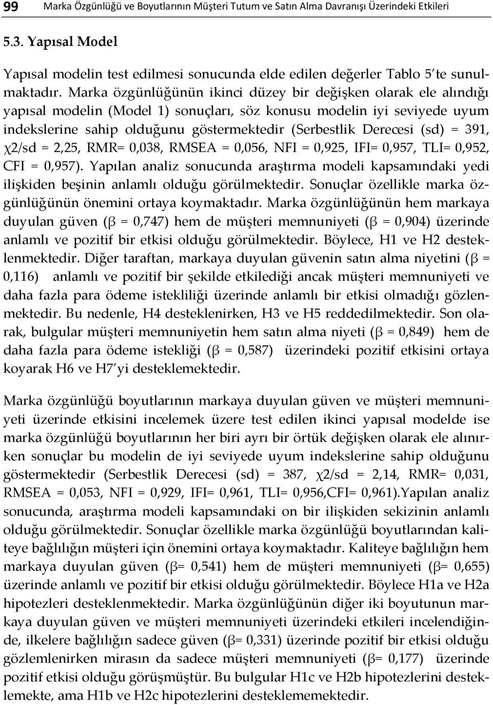 Derecesi (sd) = 391, χ2/sd = 2,25, RMR= 0,038, RMSEA = 0,056, NFI = 0,925, IFI= 0,957, TLI= 0,952, CFI = 0,957).