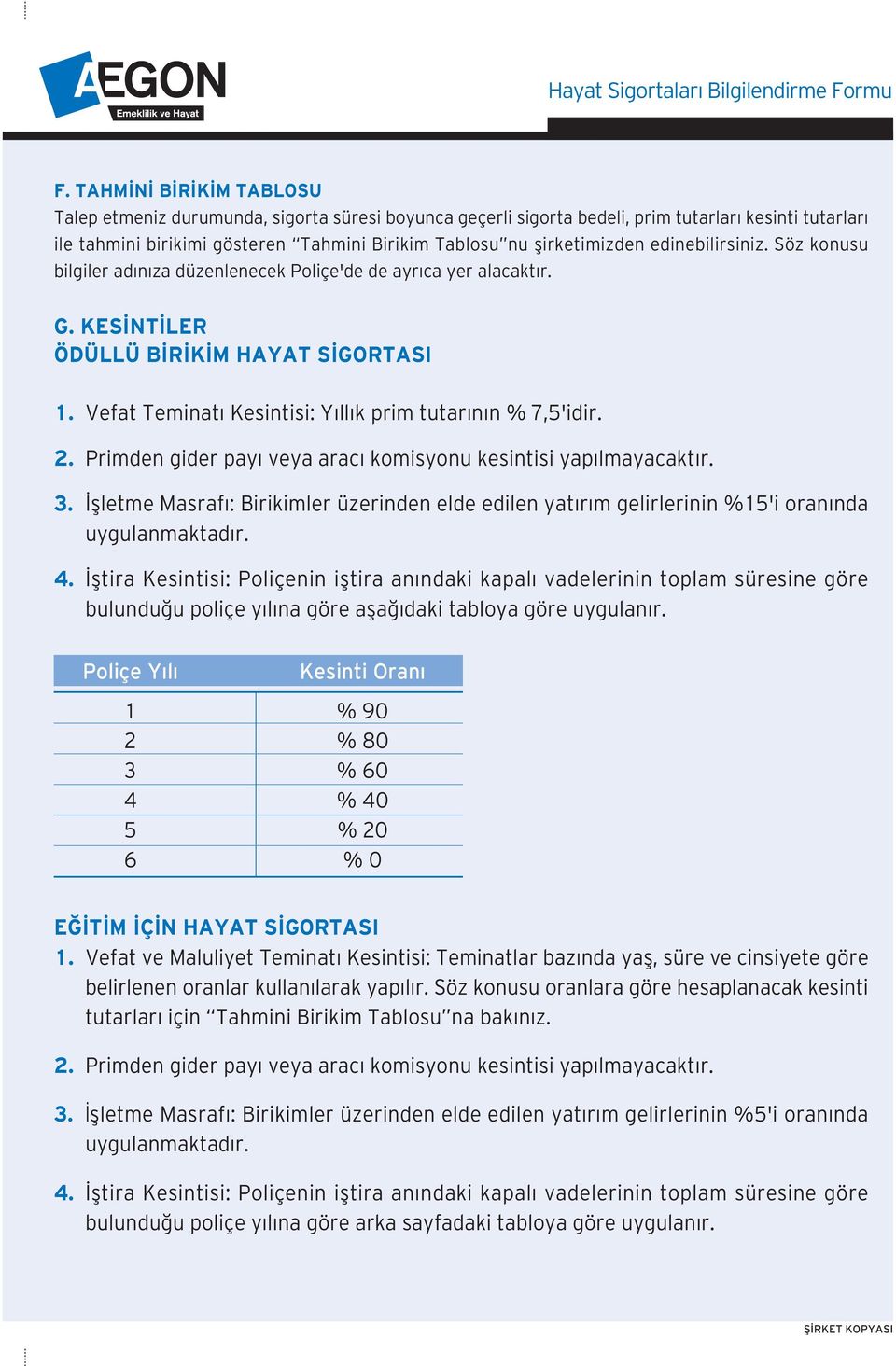 Vefat Teminat Kesintisi: Y ll k prim tutar n n % 7,5'idir. 2. Primden gider pay veya arac komisyonu kesintisi yap lmayacakt r. 3.