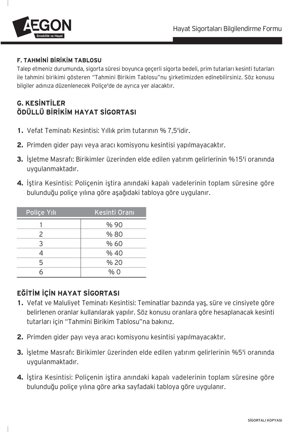 Vefat Teminat Kesintisi: Y ll k prim tutar n n % 7,5'idir. 2. Primden gider pay veya arac komisyonu kesintisi yap lmayacakt r. 3.