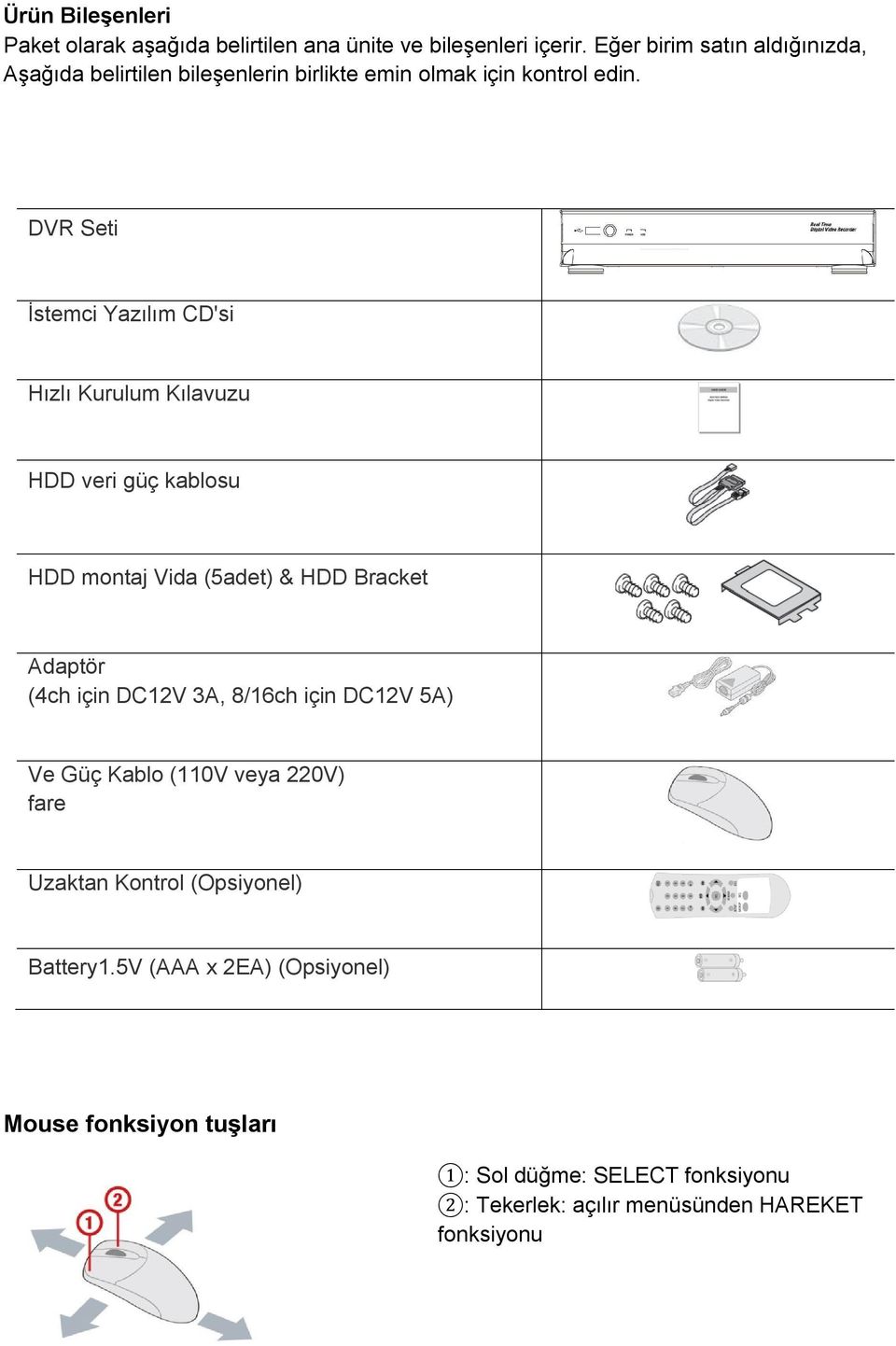 DVR Seti İstemci Yazılım CD'si Hızlı Kurulum Kılavuzu HDD veri güç kablosu HDD montaj Vida (5adet) & HDD Bracket Adaptör (4ch için DC12V