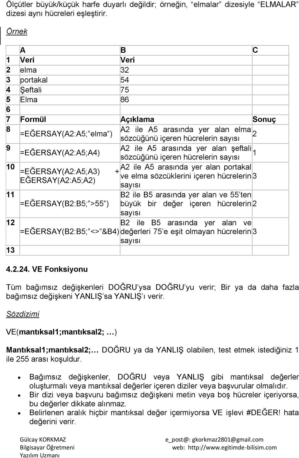 arasında yer alan Ģeftali =EĞERSAY(A2:A5;A4) 1 sözcüğünü içeren hücrelerin sayısı 10 A2 ile A5 arasında yer alan portakal =EĞERSAY(A2:A5;A3) + ve elma sözcüklerini içeren hücrelerin 3