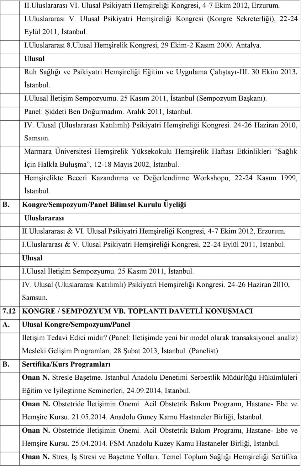 25 Kasım 2011, İstanbul (Sempozyum Başkanı). Panel: Şiddeti Ben Doğurmadım. Aralık 2011, IV. Ulusal (Uluslararası Katılımlı) Psikiyatri Hemşireliği Kongresi. 24-26 Haziran 2010, Samsun.