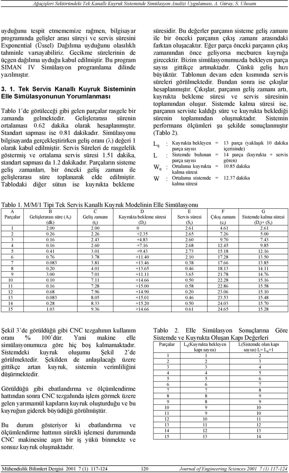 Tek Servis Kanallı Kuyruk Sisteminin Elle Simülasyonunun Yorumlanması Tablo 1 de görüleceği gibi gelen parçalar rasgele bir zamanda gelmektedir. Gelişlerarası sürenin ortalaması 0.