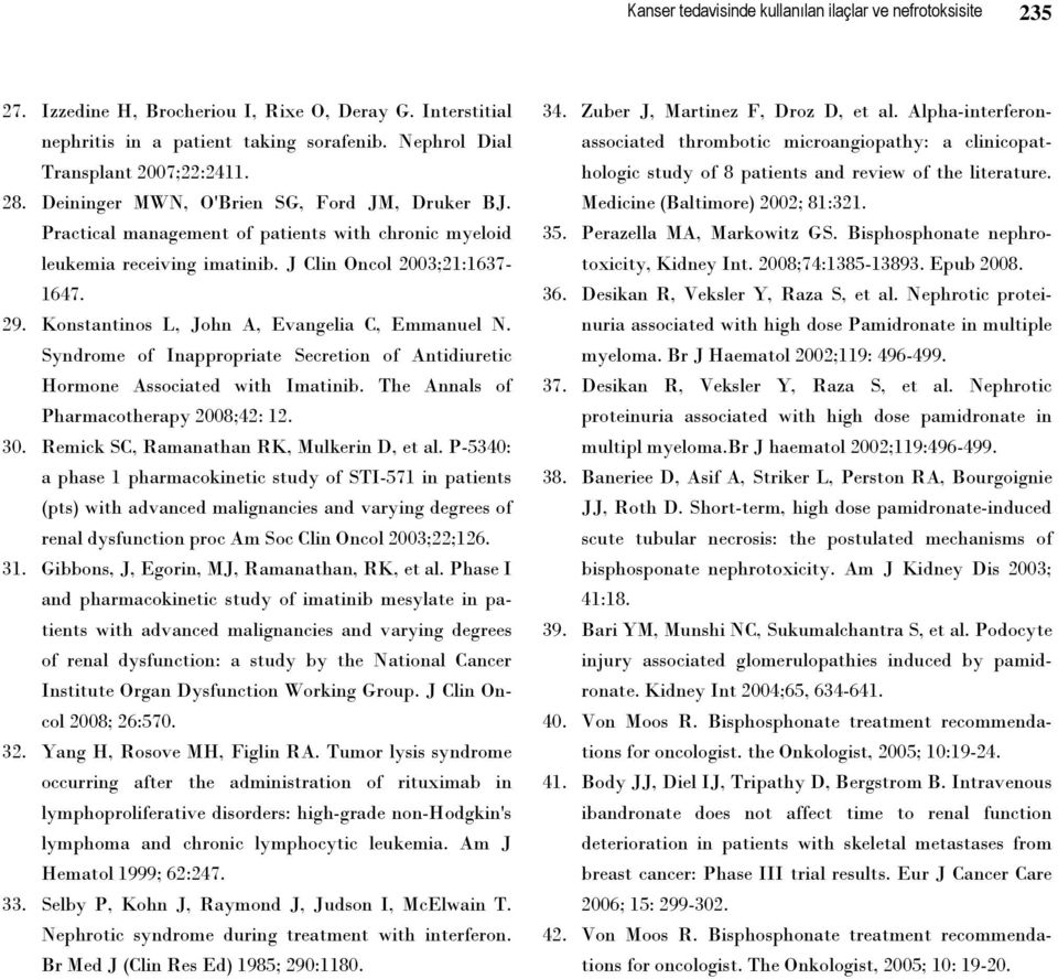 Konstantinos L, John A, Evangelia C, Emmanuel N. Syndrome of Inappropriate Secretion of Antidiuretic Hormone Associated with Imatinib. The Annals of Pharmacotherapy 2008;42: 12. 30.