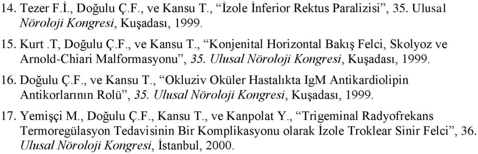 Ulusal Nöroloji Kongresi, Kuşadası, 1999. 17. Yemişçi M., Doğulu Ç.F., Kansu T., ve Kanpolat Y.