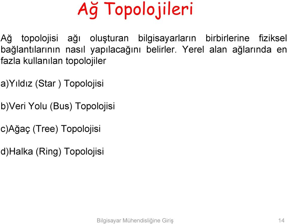 Yerel alan ağlarında en fazla kullanılan topolojiler a)yıldız (Star ) Topolojisi