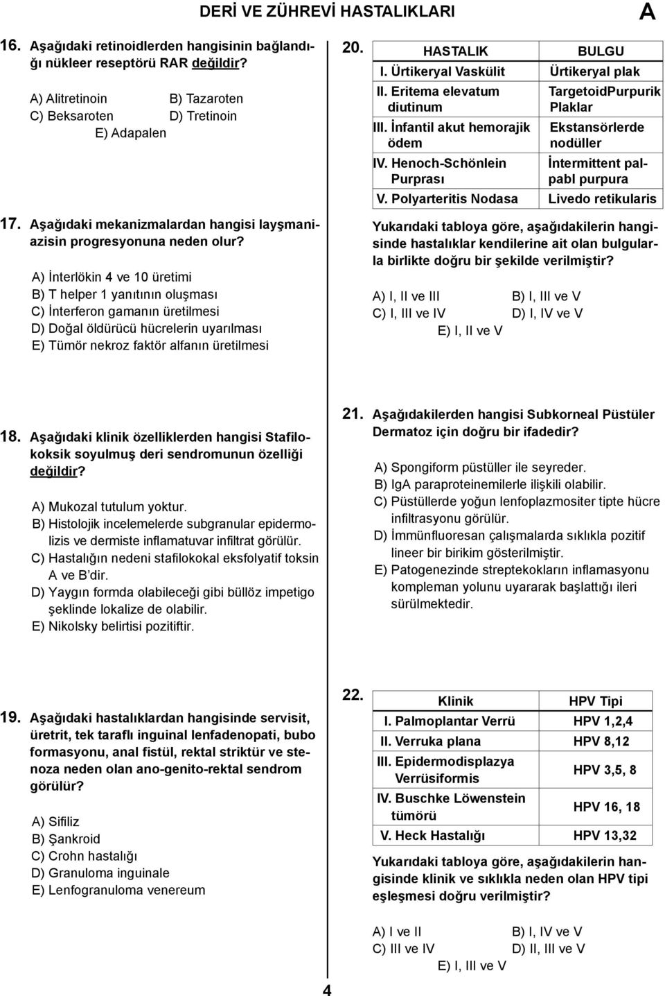 ) İnterlökin 4 ve 10 üretimi B) T helper 1 yanıtının oluşması C) İnterferon gamanın üretilmesi D) Doğal öldürücü hücrelerin uyarılması E) Tümör nekroz faktör alfanın üretilmesi 20. HSTLIK BULGU I.