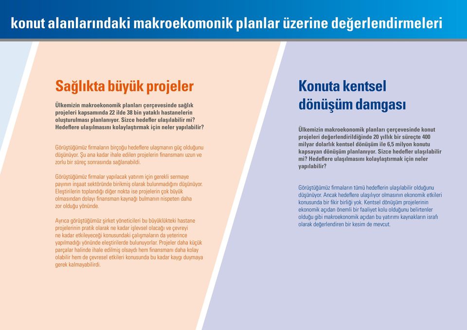 Görüştüğümüz firmaların birçoğu hedeflere ulaşmanın güç olduğunu düşünüyor. Şu ana kadar ihale edilen projelerin finansmanı uzun ve zorlu bir süreç sonrasında sağlanabildi.