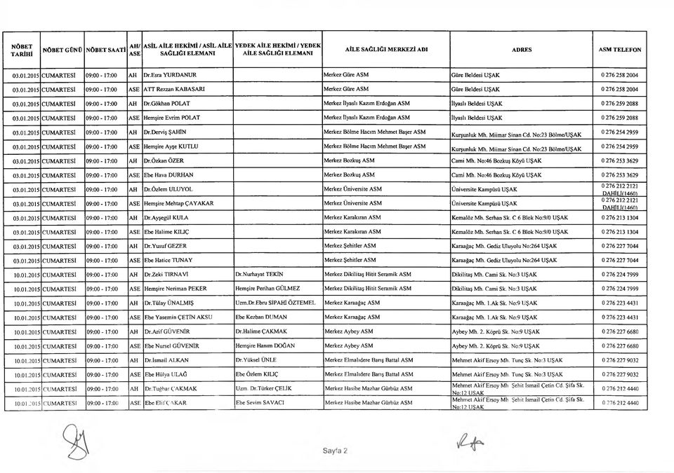 01.2015 CUMARTESİ 09:00-17:00 AH Dr.Derviş ŞAHİN Merkez Bölme Hacım Mehmet Başer ASM 03.01.2015 CUMARTESİ 09:00-17:00 ASE Hemşire Ayşe KUTLU Merkez Bölme Hacım Mehmet Başer ASM Kurşuniuk Mh.