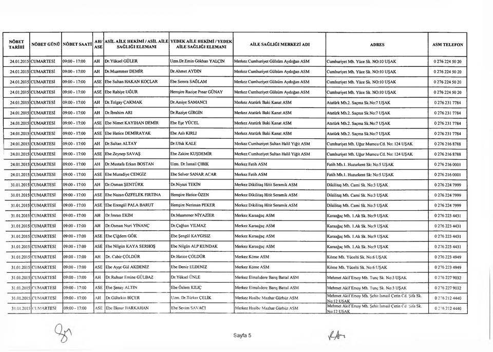 Yüce Sk. NO: 10 UŞAK 0 276 224 50 20 24.01.2015 CUMARTESİ 09:00-17:00 ASE Ebe Rabiye UĞUR Hemşire Raziye Pınar GÜNAY Merkez Cumhuriyet Gülsüm Aydoğan ASM Cumhuriyet Mh. Yüce Sk.