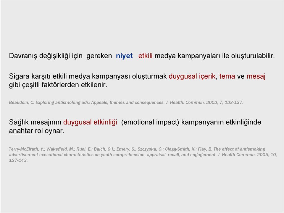 Exploring antismoking ads: Appeals, themes and consequences. J. Health. Commun. 2002, 7, 123-137.