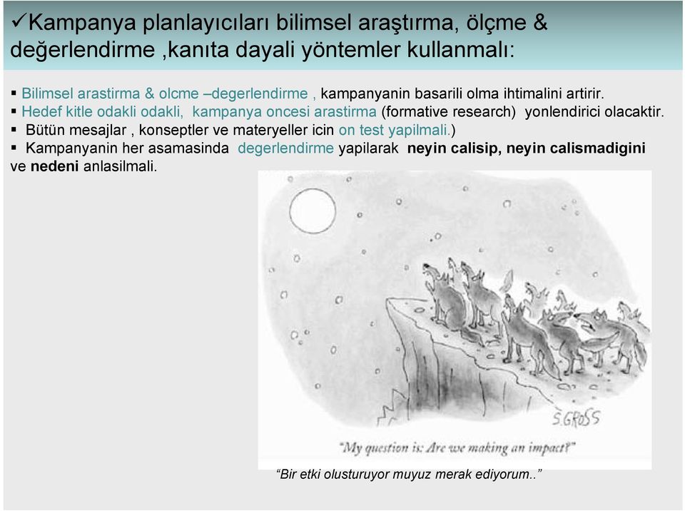 Hedef kitle odakli odakli, kampanya oncesi arastirma (formative research) yonlendirici olacaktir.