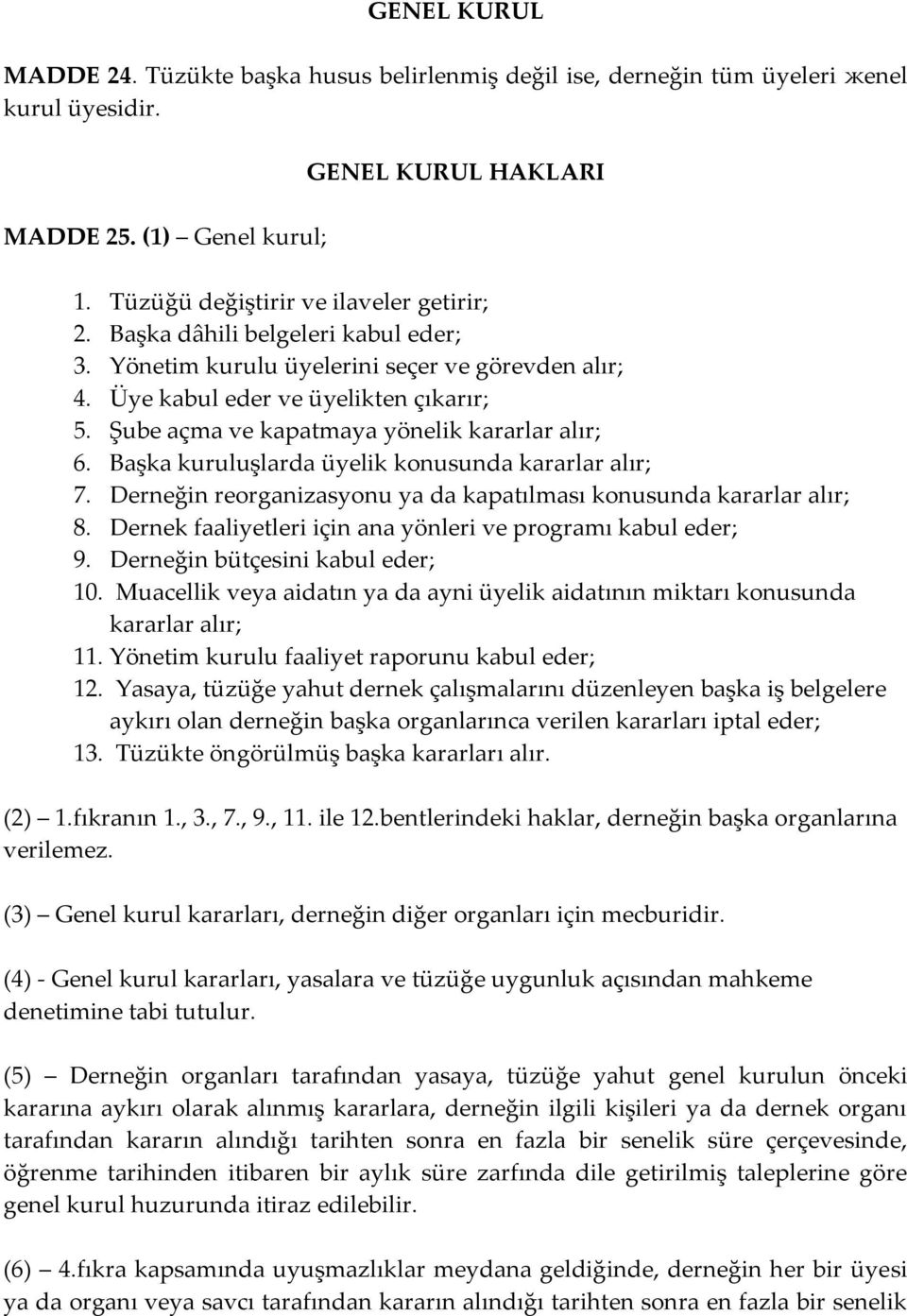 Başka kuruluşlarda üyelik konusunda kararlar alır; 7. Derneğin reorganizasyonu ya da kapatılması konusunda kararlar alır; 8. Dernek faaliyetleri için ana yönleri ve programı kabul eder; 9.