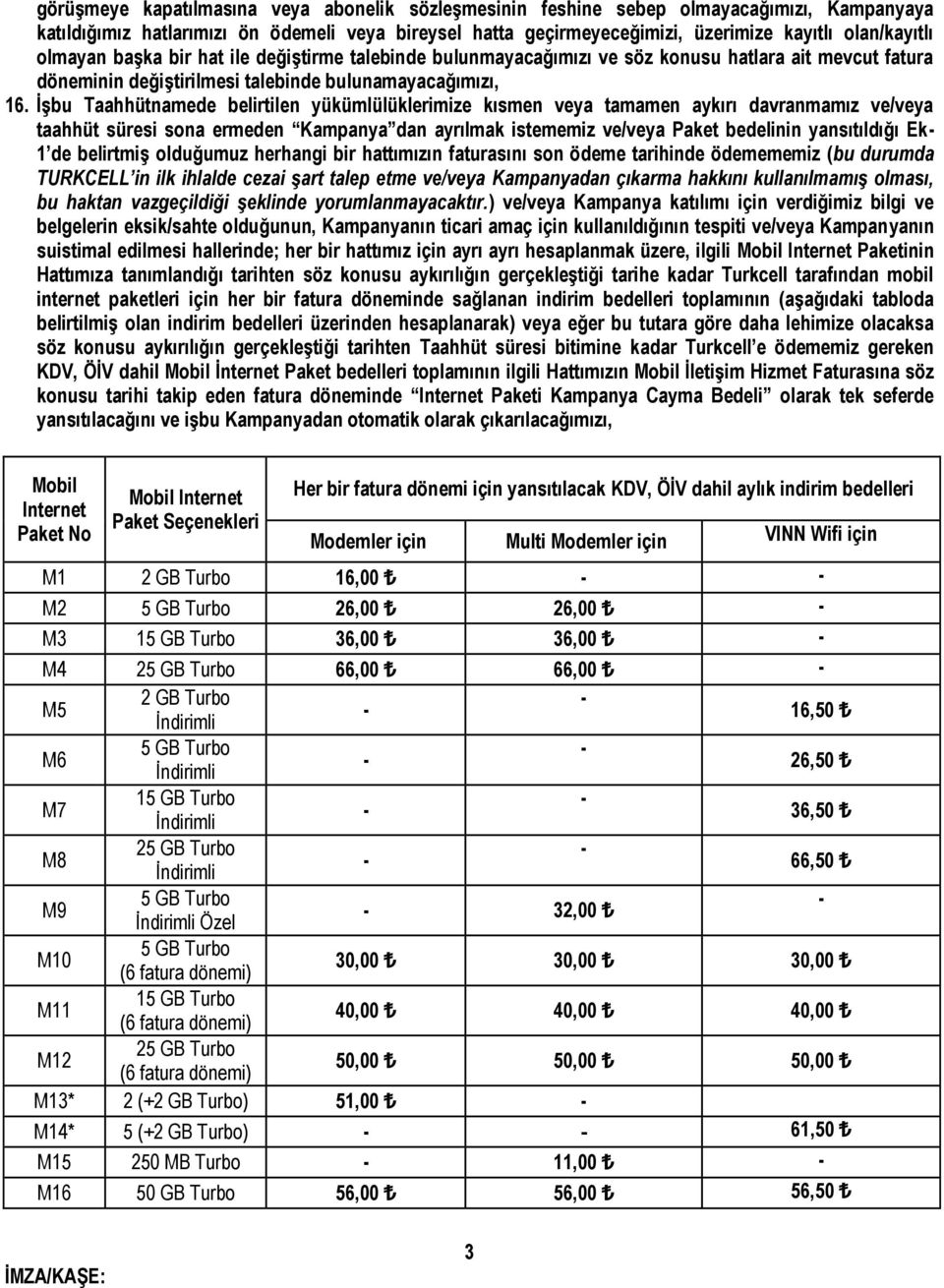 İşbu Taahhütnamede belirtilen yükümlülüklerimize kısmen veya tamamen aykırı davranmamız ve/veya taahhüt süresi sona ermeden Kampanya dan ayrılmak istememiz ve/veya Paket bedelinin yansıtıldığı Ek 1