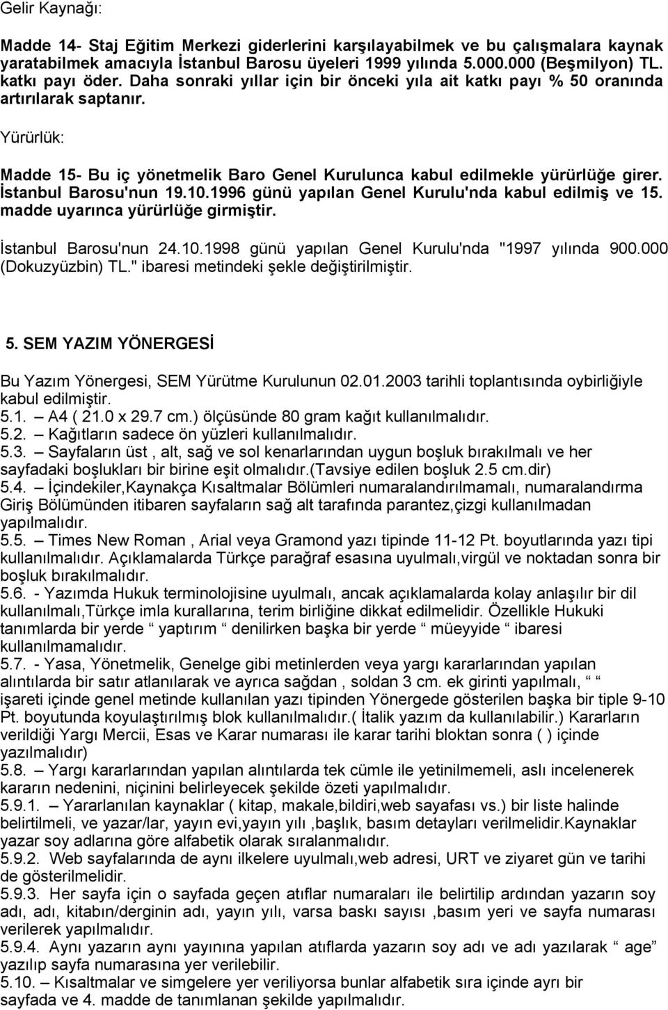 İstanbul Barosu'nun 19.10.1996 günü yapılan Genel Kurulu'nda kabul edilmiş ve 15. madde uyarınca yürürlüğe girmiştir. İstanbul Barosu'nun 24.10.1998 günü yapılan Genel Kurulu'nda "1997 yılında 900.
