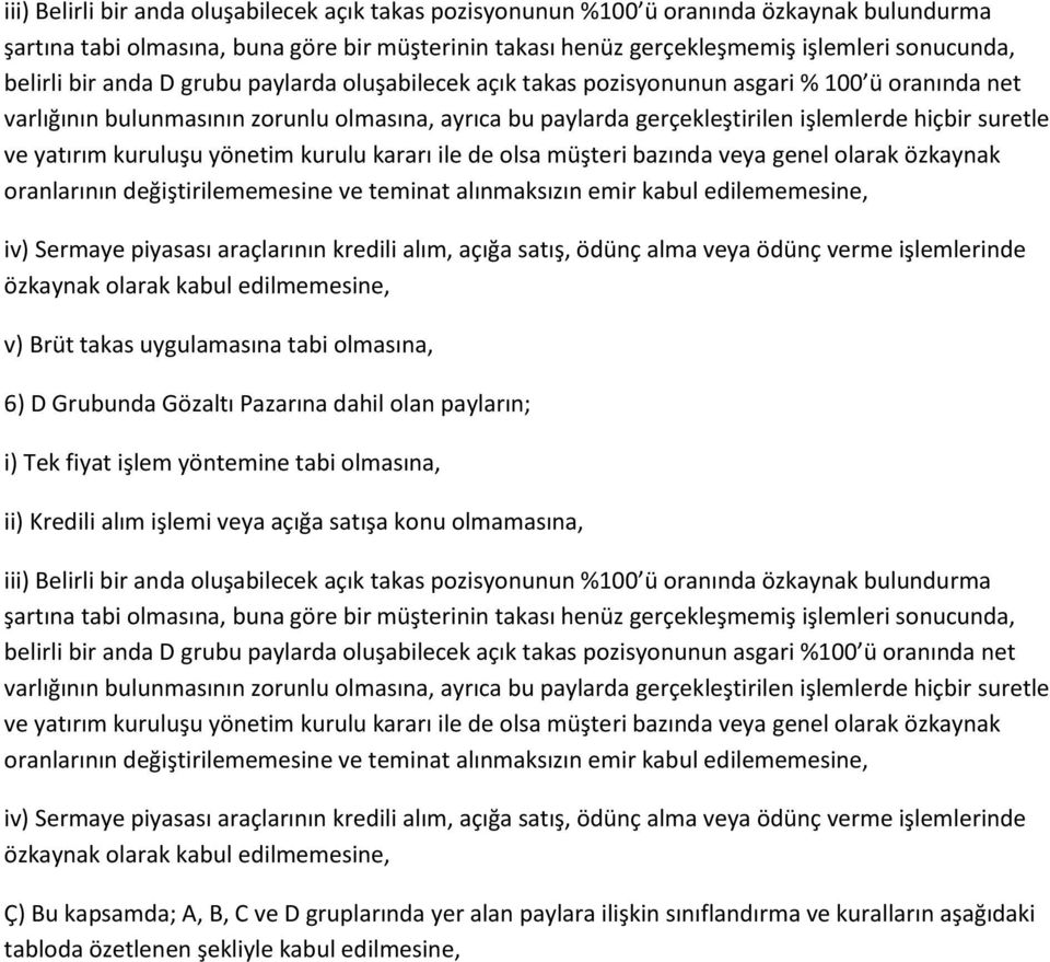 açığa satışa konu olmamasına, iii) Belirli bir anda oluşabilecek açık takas pozisyonunun %100 ü oranında özkaynak bulundurma belirli bir anda D grubu paylarda oluşabilecek açık takas