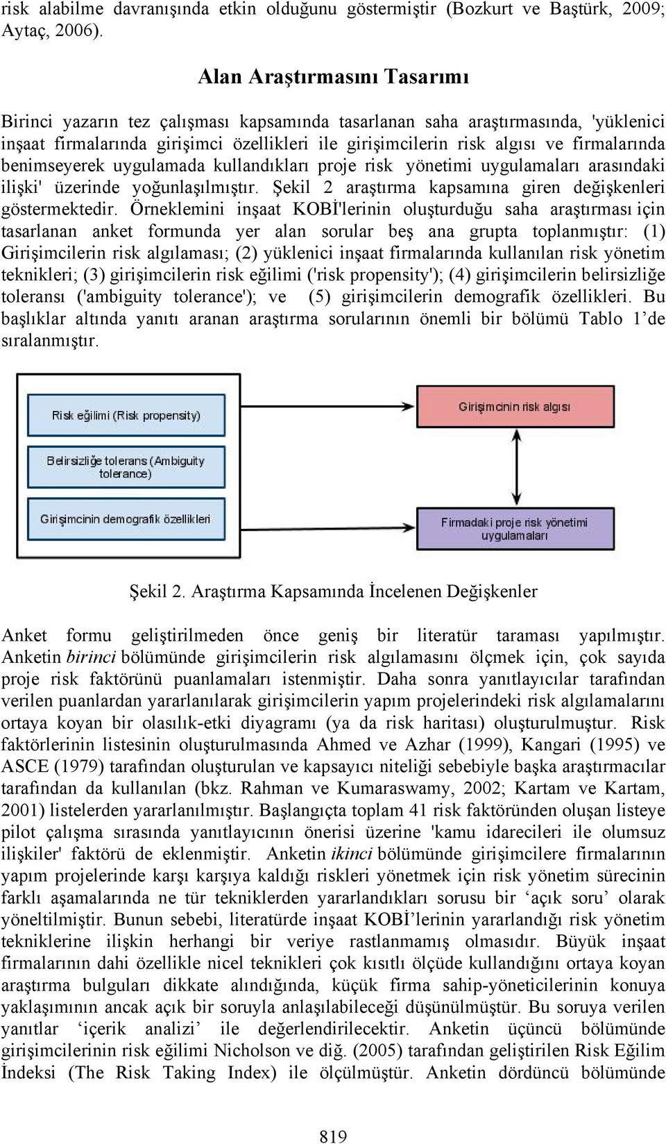 firmalarında benimseyerek uygulamada kullandıkları proje risk yönetimi uygulamaları arasındaki ilişki' üzerinde yoğunlaşılmıştır. Şekil 2 araştırma kapsamına giren değişkenleri göstermektedir.