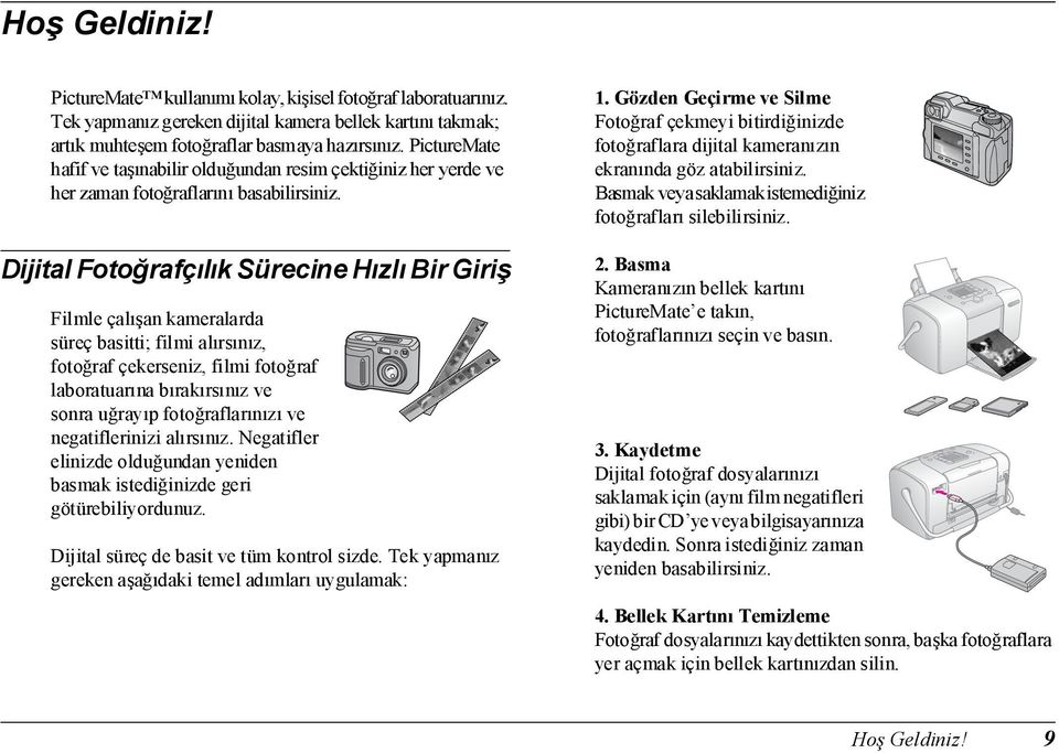 Dijital Fotoğrafçılık Sürecine Hızlı Bir Giriş Filmle çalışan kameralarda süreç basitti; filmi alırsınız, fotoğraf çekerseniz, filmi fotoğraf laboratuarına bırakırsınız ve sonra uğrayıp