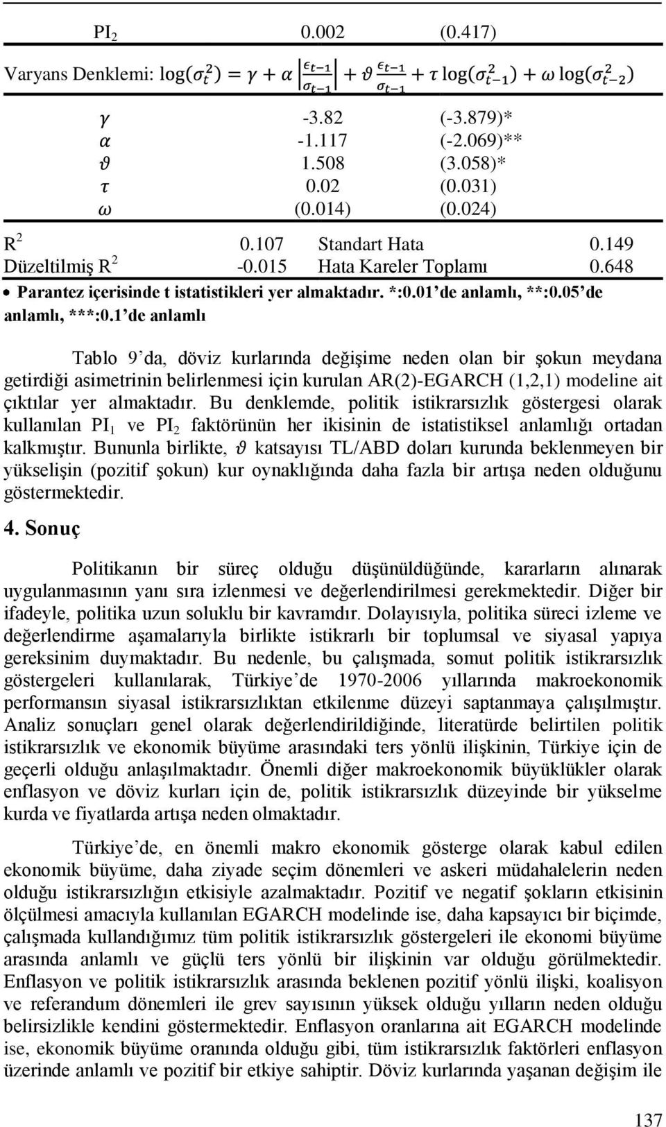 1 de anlamlı Tablo 9 da, döviz kurlarında değiģime neden olan bir Ģokun meydana getirdiği asimetrinin belirlenmesi için kurulan AR(2)-EGARCH (1,2,1) modeline ait çıktılar yer almaktadır.