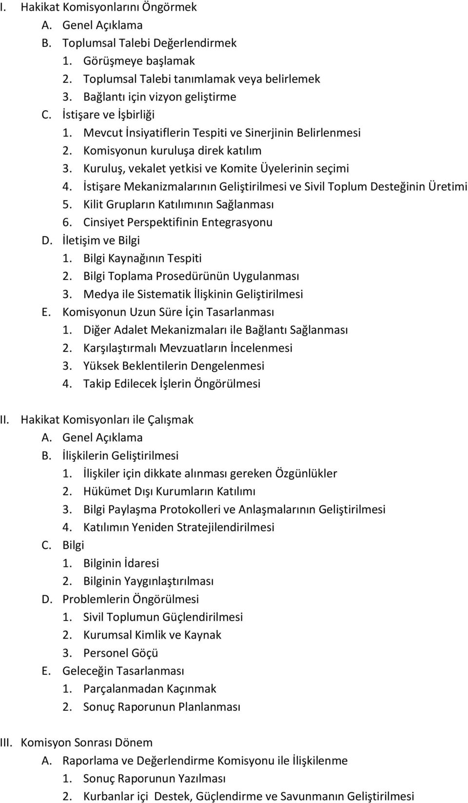 İstişare Mekanizmalarının Geliştirilmesi ve Sivil Toplum Desteğinin Üretimi 5. Kilit Grupların Katılımının Sağlanması 6. Cinsiyet Perspektifinin Entegrasyonu D. İletişim ve Bilgi 1.