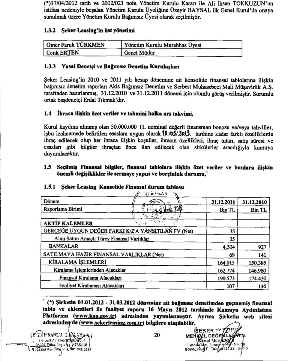 2 Şeker Leasing'in üst yönetimi Ömer Faruk TÜRKMEN Yönetim Kurulu Murahhas Üyesi Cenk ERTEN Genel Müdür 1.3.