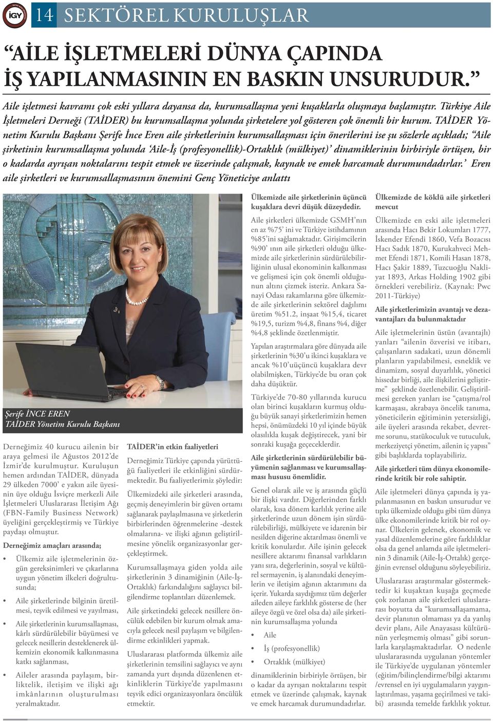 TAİDER Yönetim Kurulu Başkanı Şerife İnce Eren aile şirketlerinin kurumsallaşması için önerilerini ise şu sözlerle açıkladı; Aile şirketinin kurumsallaşma yolunda Aile-İş (profesyonellik)-ortaklık