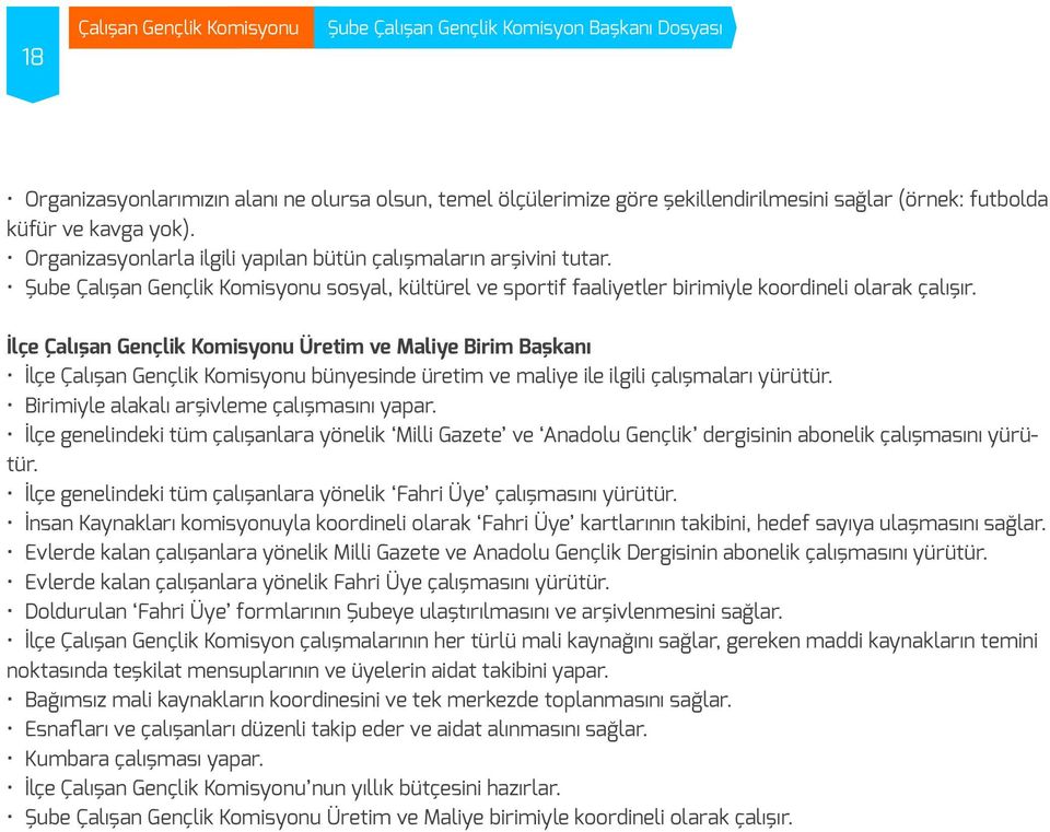 İlçe Üretim ve Maliye Birim Başkanı İlçe bünyesinde üretim ve maliye ile ilgili çalışmaları yürütür. Birimiyle alakalı arşivleme çalışmasını yapar.