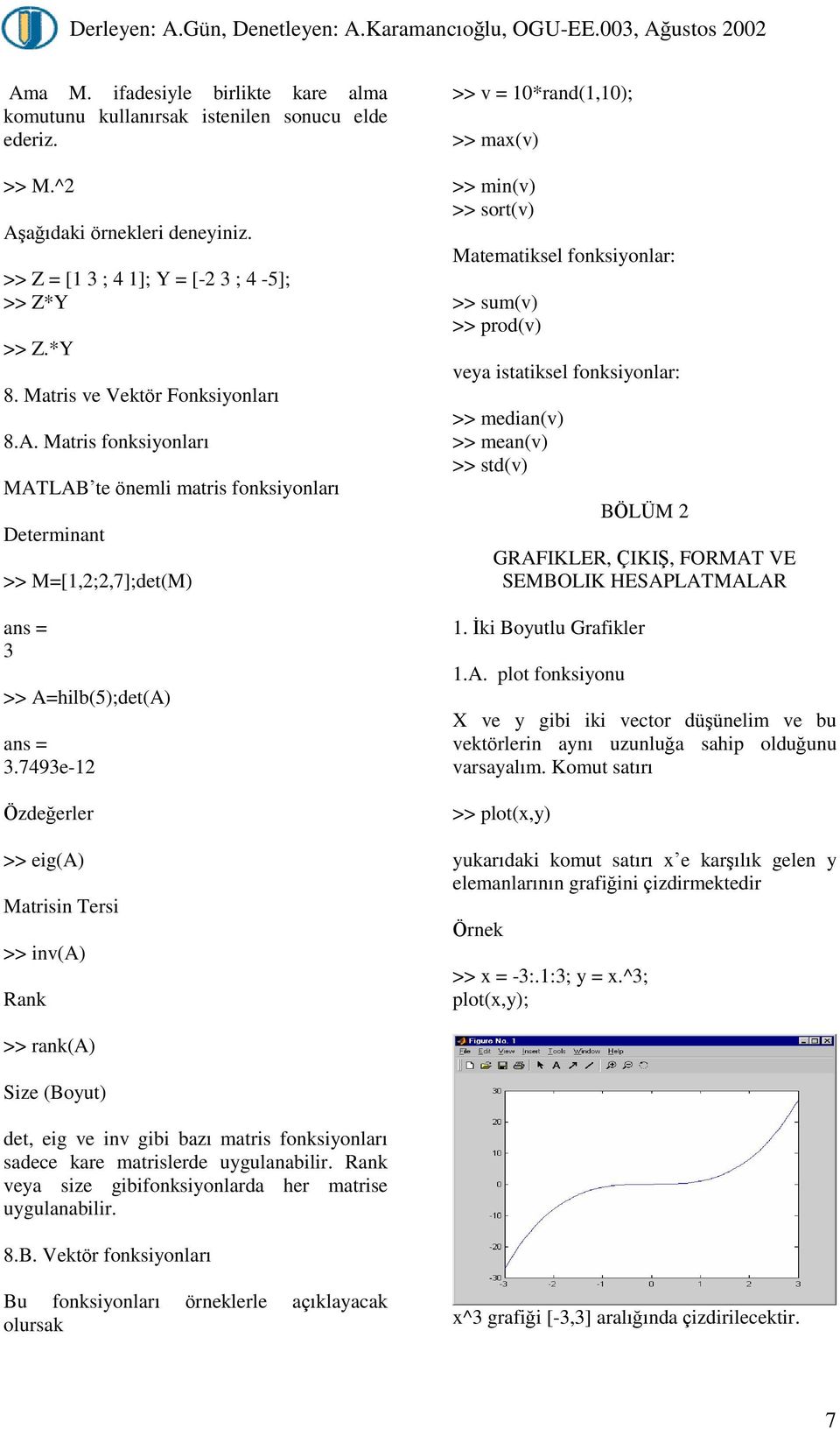 749e- Özdeðerler >> eig(a) Matrisin Tersi >> inv(a) Rank >> v = 0*rand(,0); >> max(v) >> min(v) >> sort(v) Matematiksel fonksiyonlar: >> sum(v) >> prod(v) veya istatiksel fonksiyonlar: >> median(v)