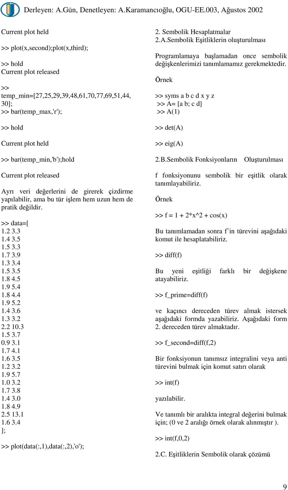 >> syms a b c d x y z >> A= [a b; c d] >> A() >> det(a) >> eig(a) >> bar(temp_min,'b');hold.b.sembolik Fonksiyonlarýn Oluºturulmasý Current plot released Ayrý veri deðerlerini de girerek çizdirme yapýlabilir, ama bu tür iºlem hem uzun hem de pratik deðildir.