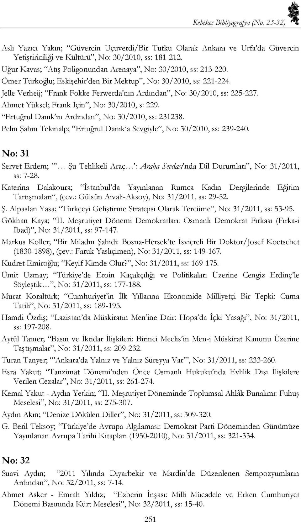 Jelle Verheij; Frank Fokke Ferwerda nın Ardından, No: 30/2010, ss: 225-227. Ahmet Yüksel; Frank İçin, No: 30/2010, s: 229. Ertuğrul Danık ın Ardından, No: 30/2010, ss: 231238.