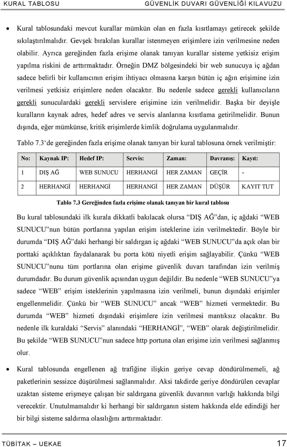 Örneğin DMZ bölgesindeki bir web sunucuya iç ağdan sadece belirli bir kullanıcının erişim ihtiyacı olmasına karşın bütün iç ağın erişimine izin verilmesi yetkisiz erişimlere neden olacaktır.