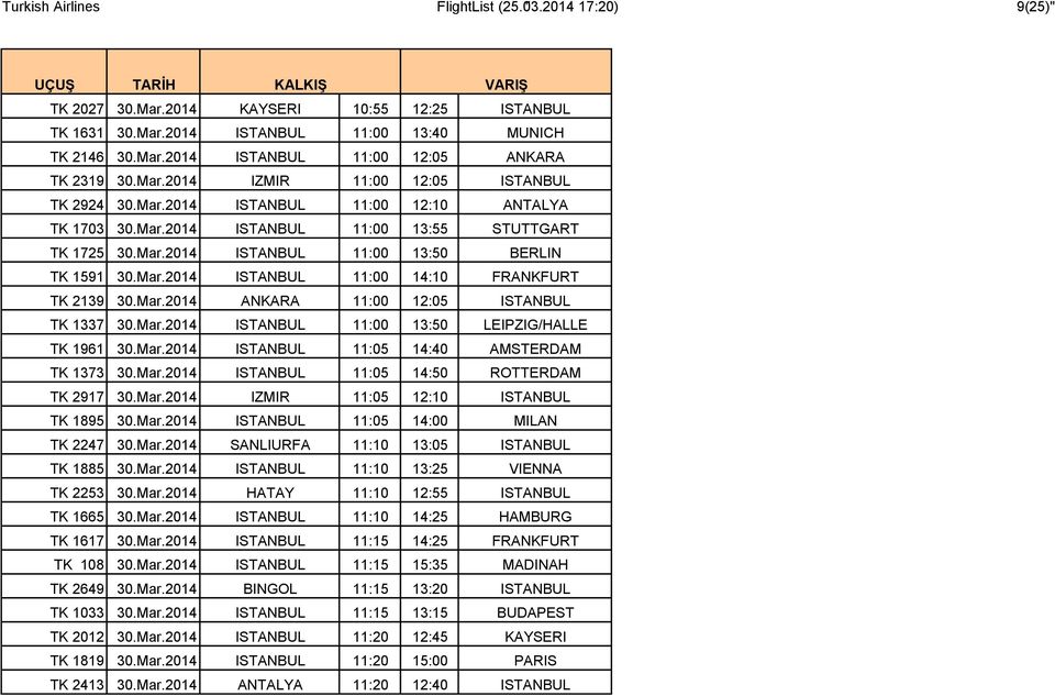 Mar.2014 ANKARA 11:00 12:05 ISTANBUL TK 1337 30.Mar.2014 ISTANBUL 11:00 13:50 LEIPZIG/HALLE TK 1961 30.Mar.2014 ISTANBUL 11:05 14:40 AMSTERDAM TK 1373 30.Mar.2014 ISTANBUL 11:05 14:50 ROTTERDAM TK 2917 30.