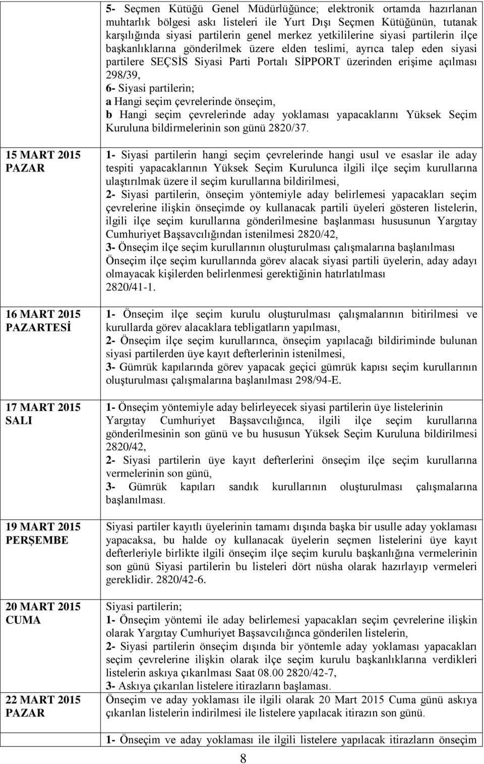 a Hangi seçim çevrelerinde önseçim, b Hangi seçim çevrelerinde aday yoklaması yapacaklarını Yüksek Seçim Kuruluna bildirmelerinin son günü 2820/37.