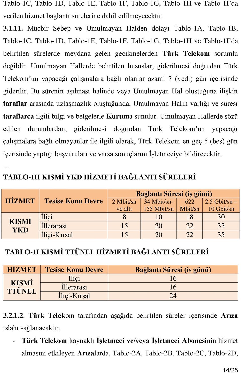 sorumlu değildir. Umulmayan Hallerde belirtilen hususlar, giderilmesi doğrudan Türk Telekom un yapacağı çalışmalara bağlı olanlar azami 7 (yedi) gün içerisinde giderilir.