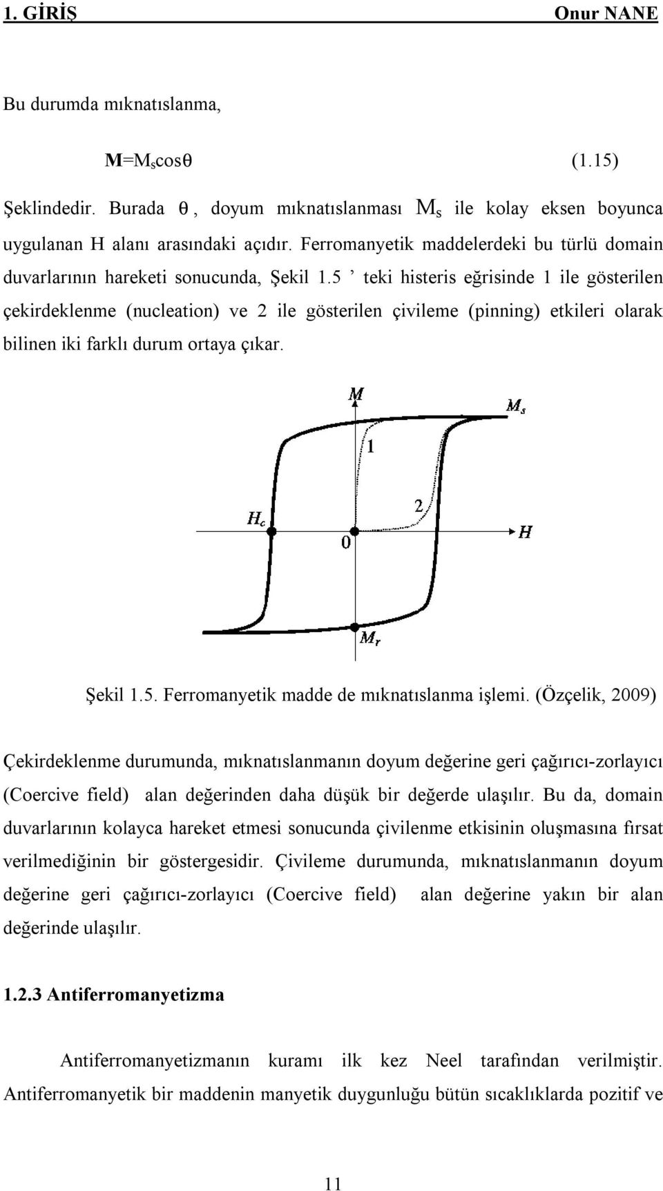 5 teki histeris eğrisinde 1 ile gösterilen çekirdeklenme (nucleation) ve 2 ile gösterilen çivileme (pinning) etkileri olarak bilinen iki farklı durum ortaya çıkar. Şekil 1.5. Ferromanyetik madde de mıknatıslanma işlemi.