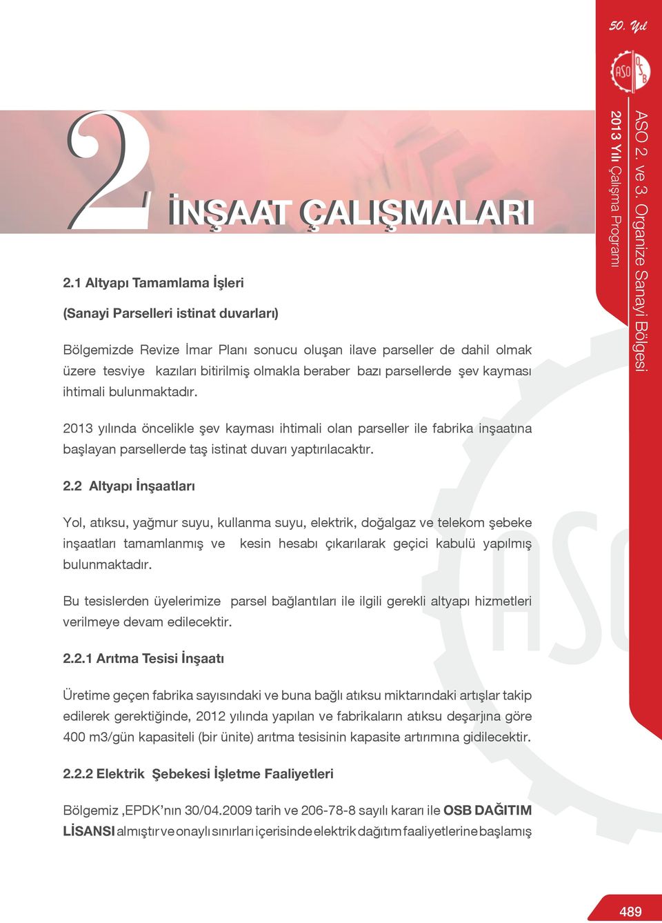 2013 yılında öncelikle şev kayması ihtimali olan parseller ile fabrika inşaatına başlayan parsellerde taş istinat duvarı yaptırılacaktır. 2.