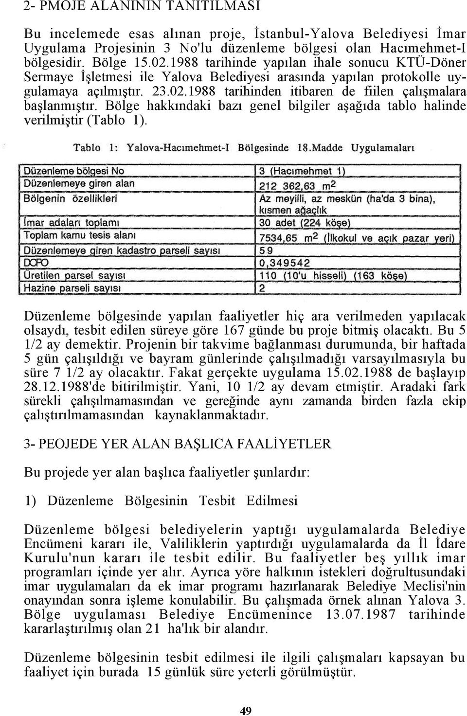 1988 tarihinden itibaren de fiilen çalışmalara başlanmıştır. Bölge hakkındaki bazı genel bilgiler aşağıda tablo halinde verilmiştir (Tablo 1).