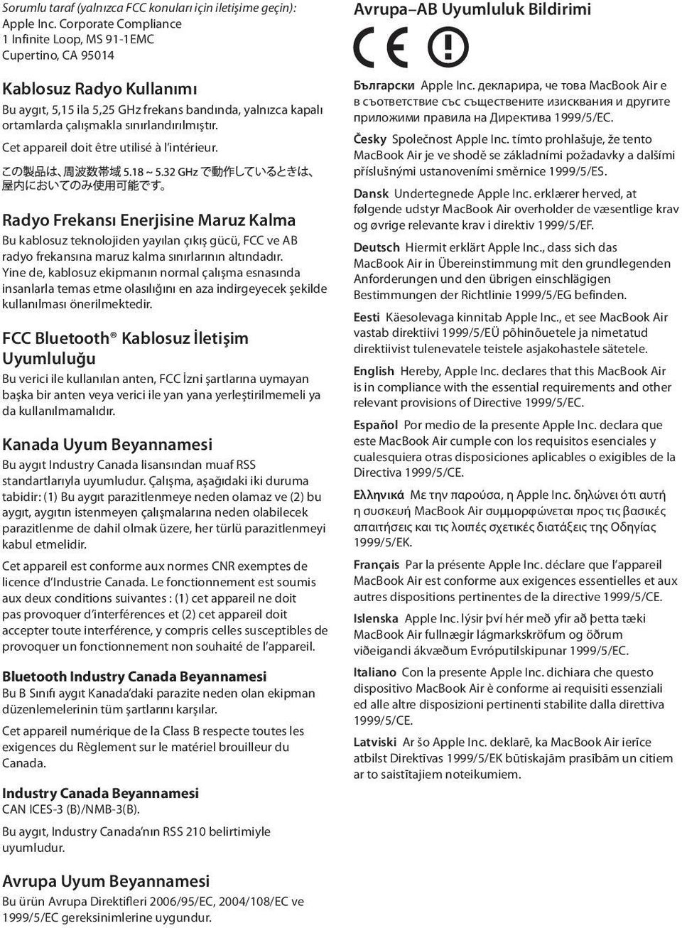 Cet appareil doit être utilisé à l intérieur. Radyo Frekansı Enerjisine Maruz Kalma Bu kablosuz teknolojiden yayılan çıkış gücü, FCC ve AB radyo frekansına maruz kalma sınırlarının altındadır.