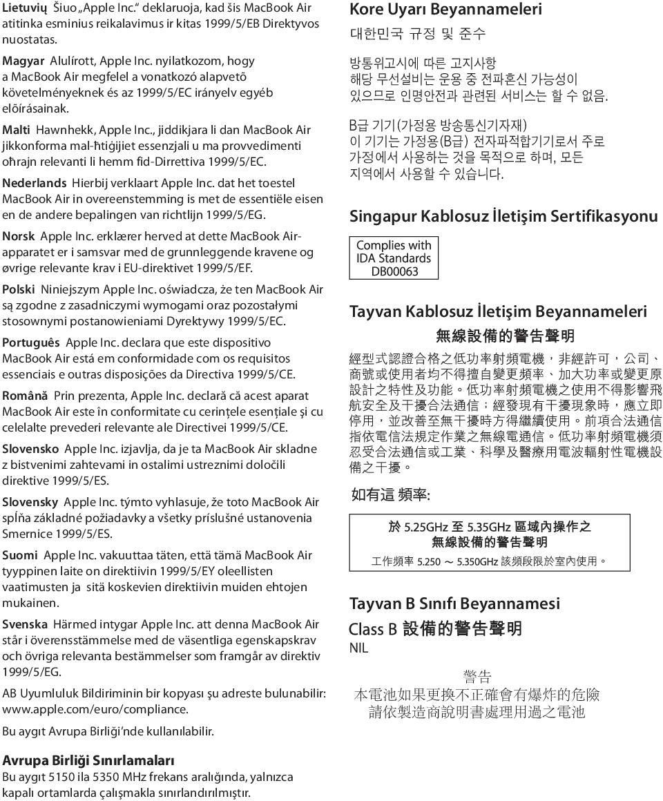 , jiddikjara li dan MacBook Air jikkonforma mal-ħtiġijiet essenzjali u ma provvedimenti oħrajn relevanti li hemm fid-dirrettiva 1999/5/EC. Nederlands Hierbij verklaart Apple Inc.