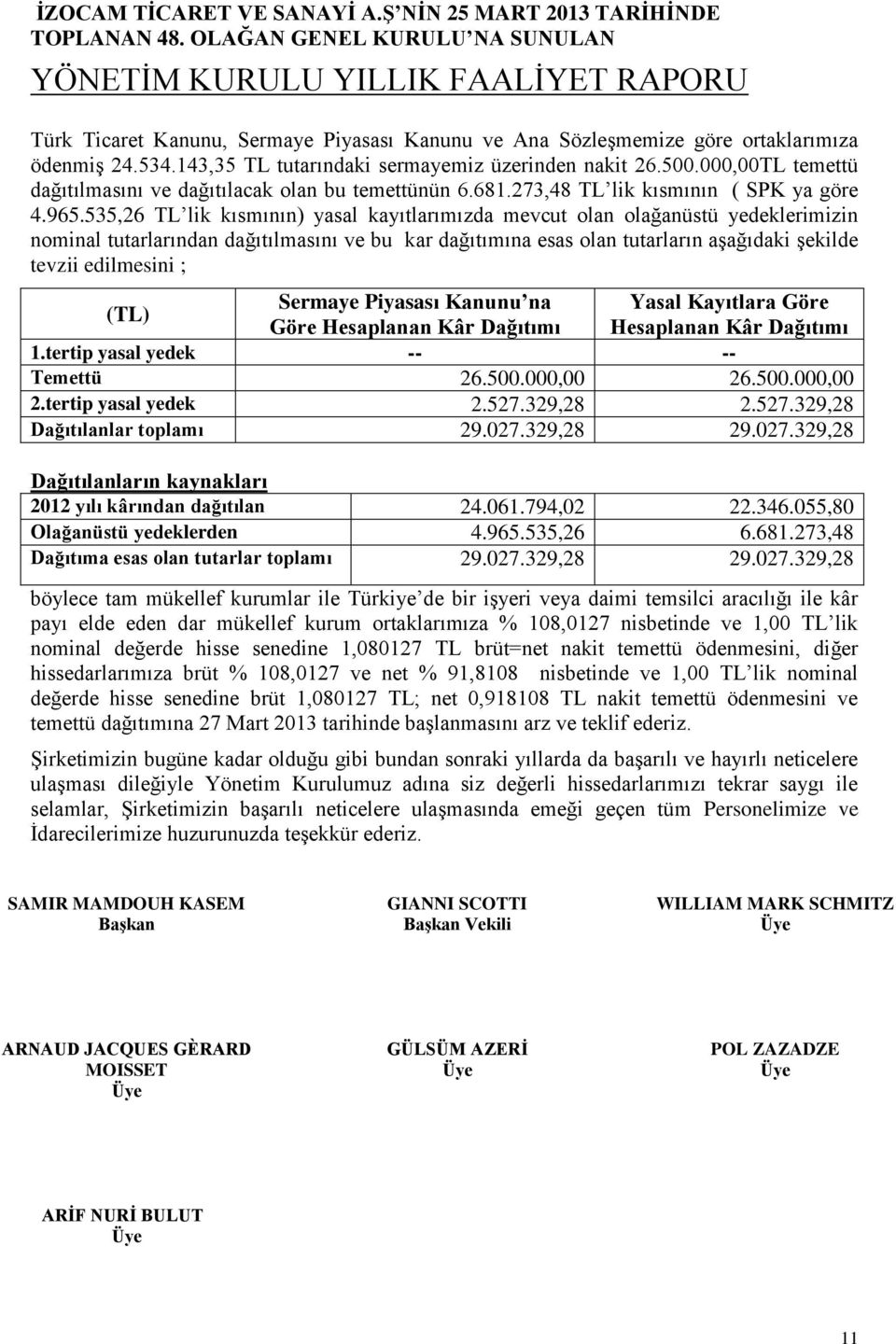 535,26 TL lik kısmının) yasal kayıtlarımızda mevcut olan olağanüstü yedeklerimizin nominal tutarlarından dağıtılmasını ve bu kar dağıtımına esas olan tutarların aşağıdaki şekilde tevzii edilmesini ;