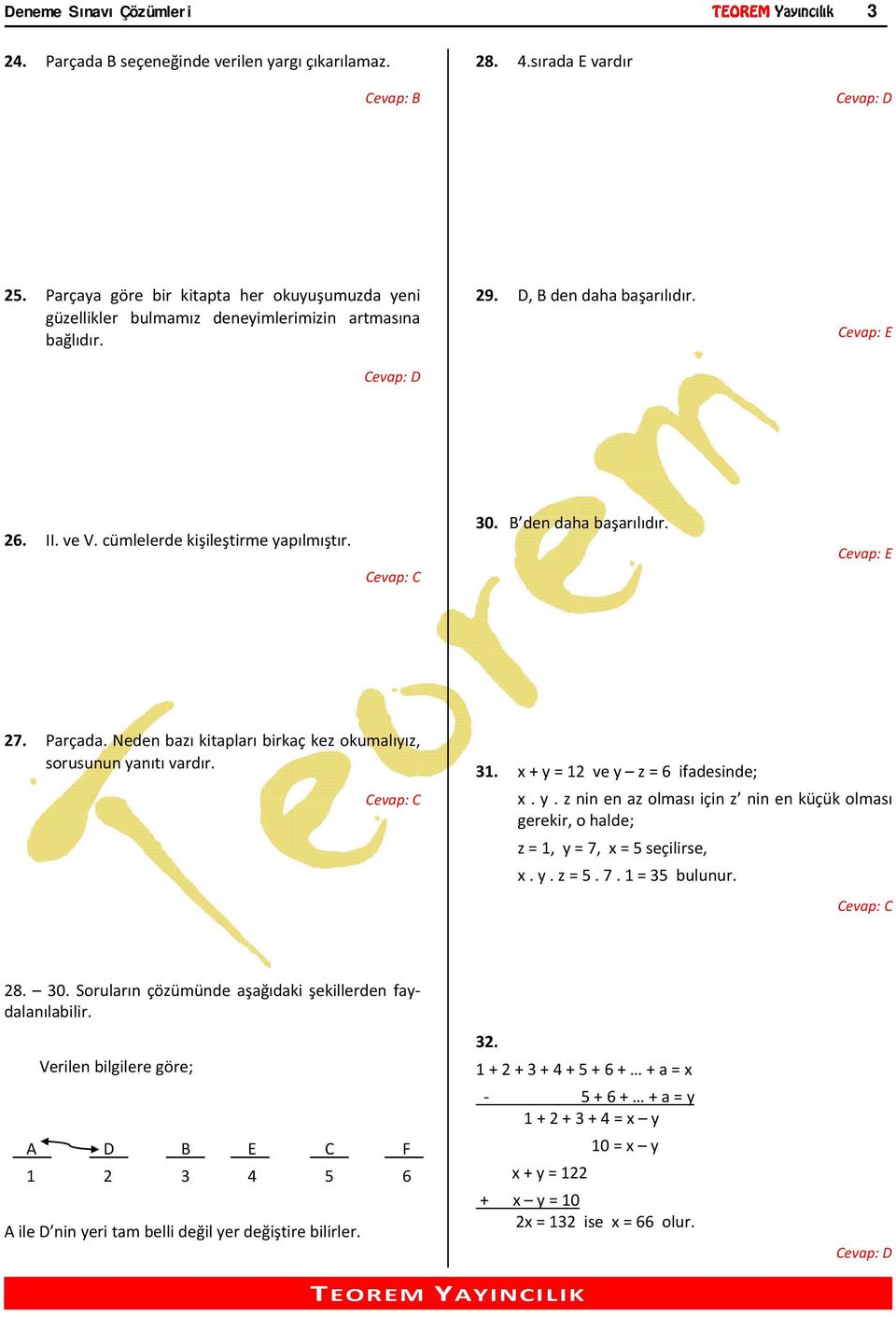 B den daha başarılıdır. 27. Parçada. Neden bazı kitapları birkaç kez okumalıyız, sorusunun yanıtı vardır. 3. x + y = 2 ve y z = 6 ifadesinde; x. y. z nin en az olması için z nin en küçük olması gerekir, o halde; z =, y = 7, x = 5 seçilirse, x.