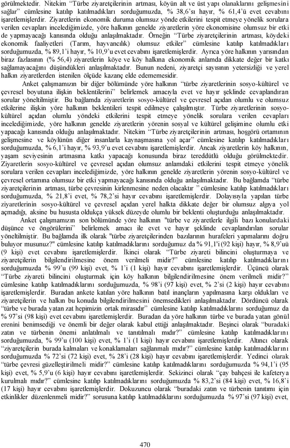 Ziyaretlerin ekonomik duruma olumsuz yönde etkilerini tespit etmeye yönelik sorulara verilen cevapları incelediğimizde, yöre halkının genelde ziyaretlerin yöre ekonomisine olumsuz bir etki de