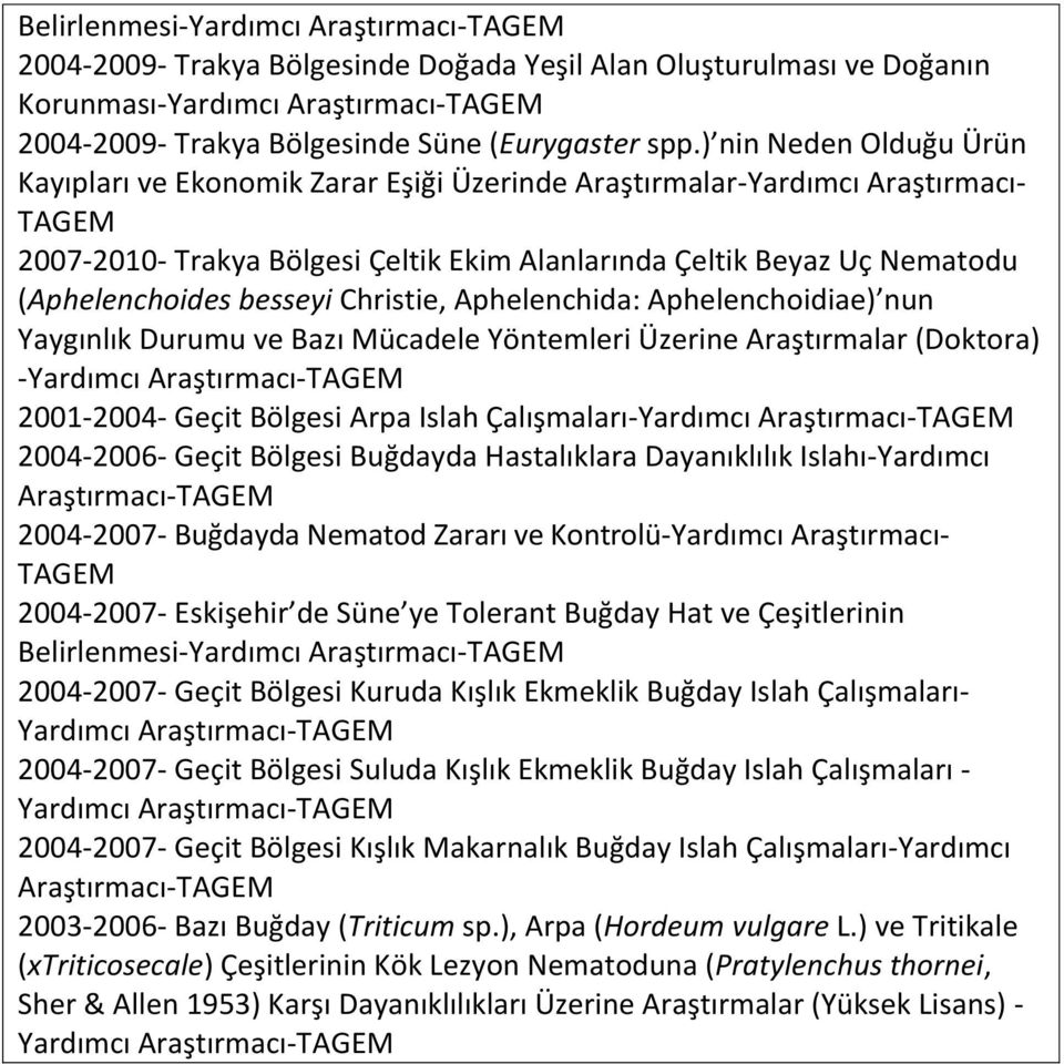 besseyi Christie, Aphelenchida: Aphelenchoidiae) nun Yaygınlık Durumu ve Bazı Mücadele Yöntemleri Üzerine Araştırmalar (Doktora) -Yardımcı Araştırmacı-TAGEM 2001-2004- Geçit Bölgesi Arpa Islah