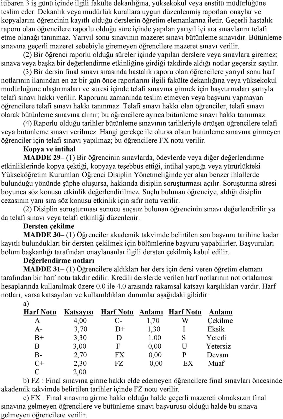 Geçerli hastalık raporu olan öğrencilere raporlu olduğu süre içinde yapılan yarıyıl içi ara sınavlarını telafi etme olanağı tanınmaz. Yarıyıl sonu sınavının mazeret sınavı bütünleme sınavıdır.