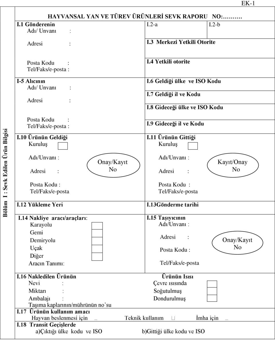 8 Gideceği ülke ve ISO Kodu I.9 Gideceği il ve Kodu I.10 Ürünün Geldiği Kuruluş I.