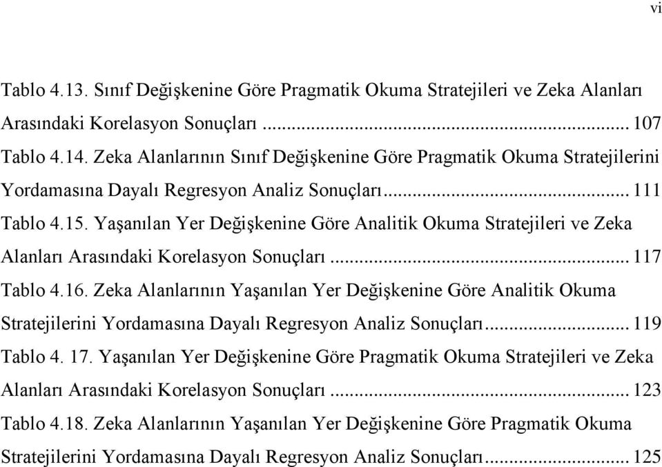 Yaşanılan Yer Değişkenine Göre Analitik Okuma Stratejileri ve Zeka Alanları Arasındaki Korelasyon Sonuçları... 117 Tablo 4.16.