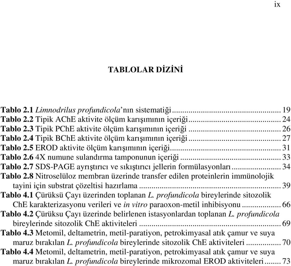 7 SDS-PAGE ayrıştırıcı ve sıkıştırıcı jellerin formülasyonları... 34 Tablo 2.8 Nitroselüloz membran üzerinde transfer edilen proteinlerin immünolojik tayini için substrat çözeltisi hazırlama.