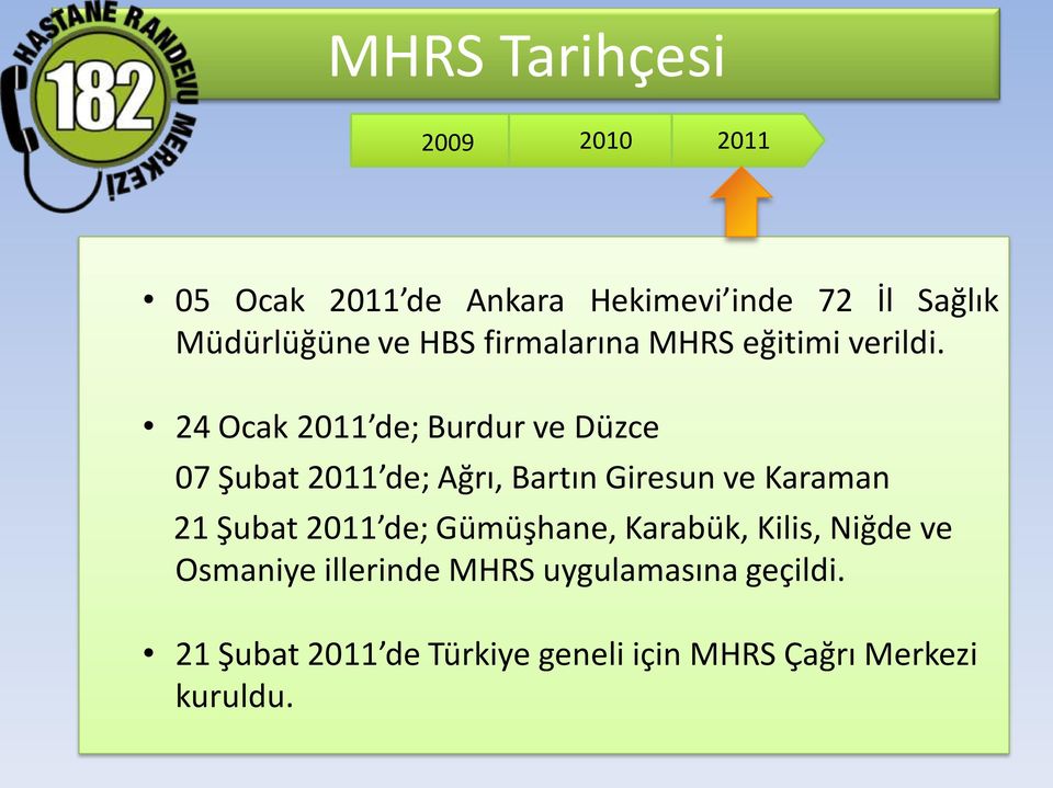 24 Ocak 2011 de; Burdur ve Düzce 07 Şubat 2011 de; Ağrı, Bartın Giresun ve Karaman 21 Şubat