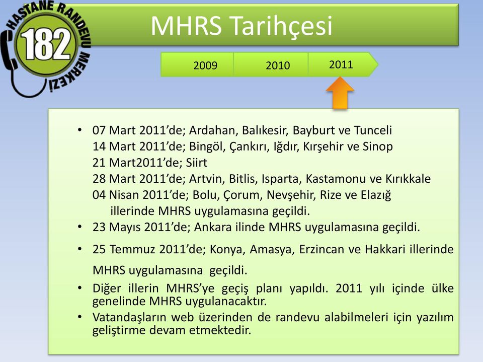 23 Mayıs 2011 de; Ankara ilinde MHRS uygulamasına geçildi. 25 Temmuz 2011 de; Konya, Amasya, Erzincan ve Hakkari illerinde MHRS uygulamasına geçildi.